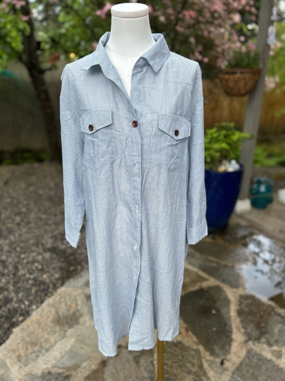 DOTTI Light Blue Pinstripe Shirt Dress - Size L